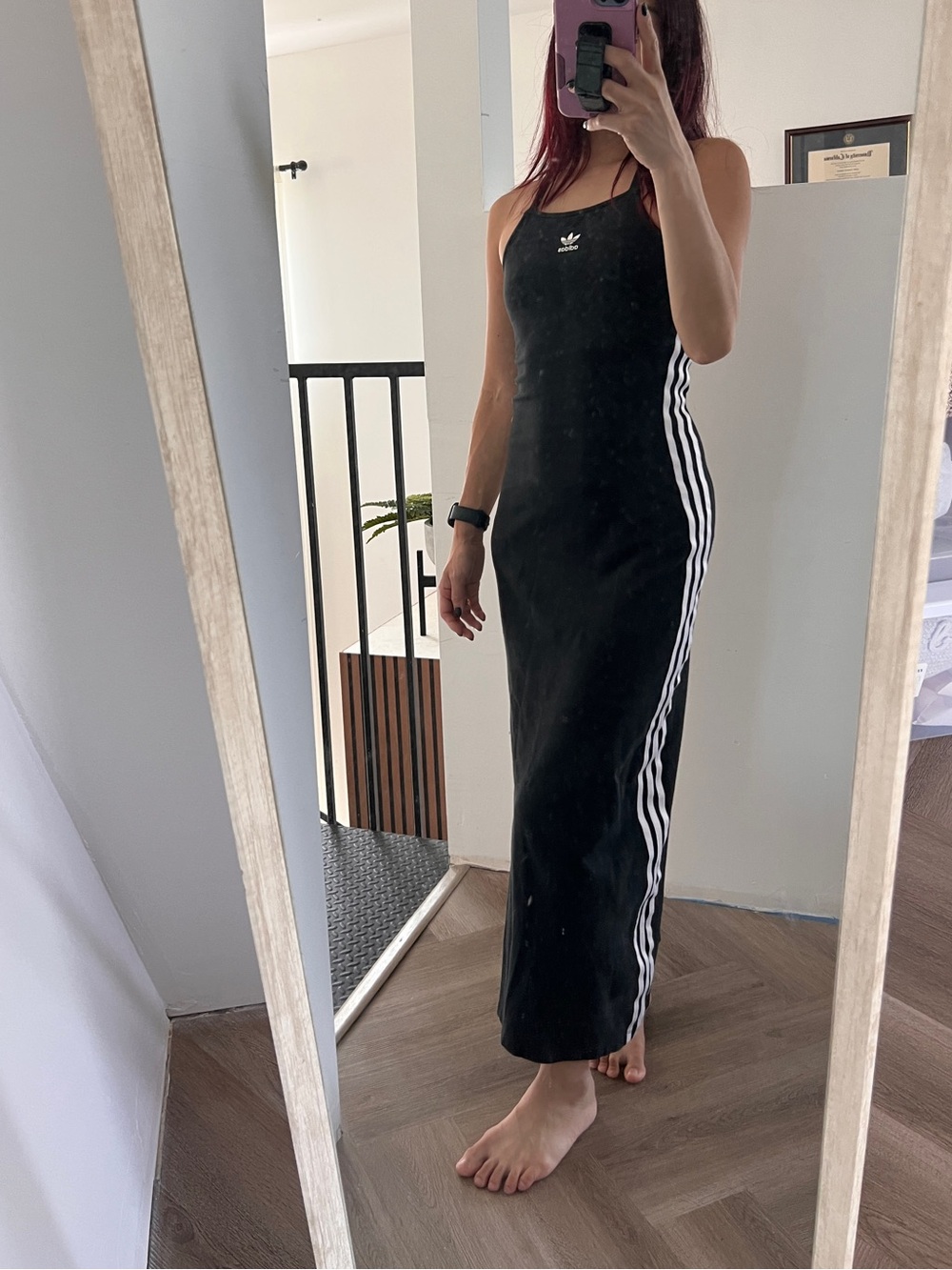 adidas Black Maxi Dress with White Side Stripes and High Slit ** marks.  XS - Picture 4 of 6